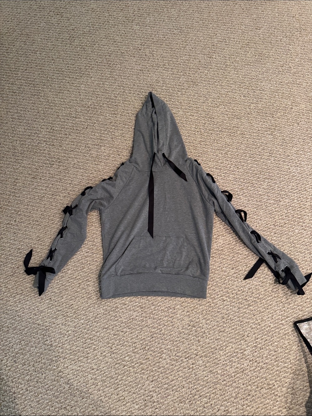 Carbon38 Gray Hoodie with Black Ribbon Lace-Up Sleeves